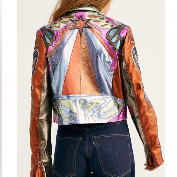 Free People Stars are Psychedelic Metallic Leather Jacket, Multi-color, XL - Picture 9 of 10